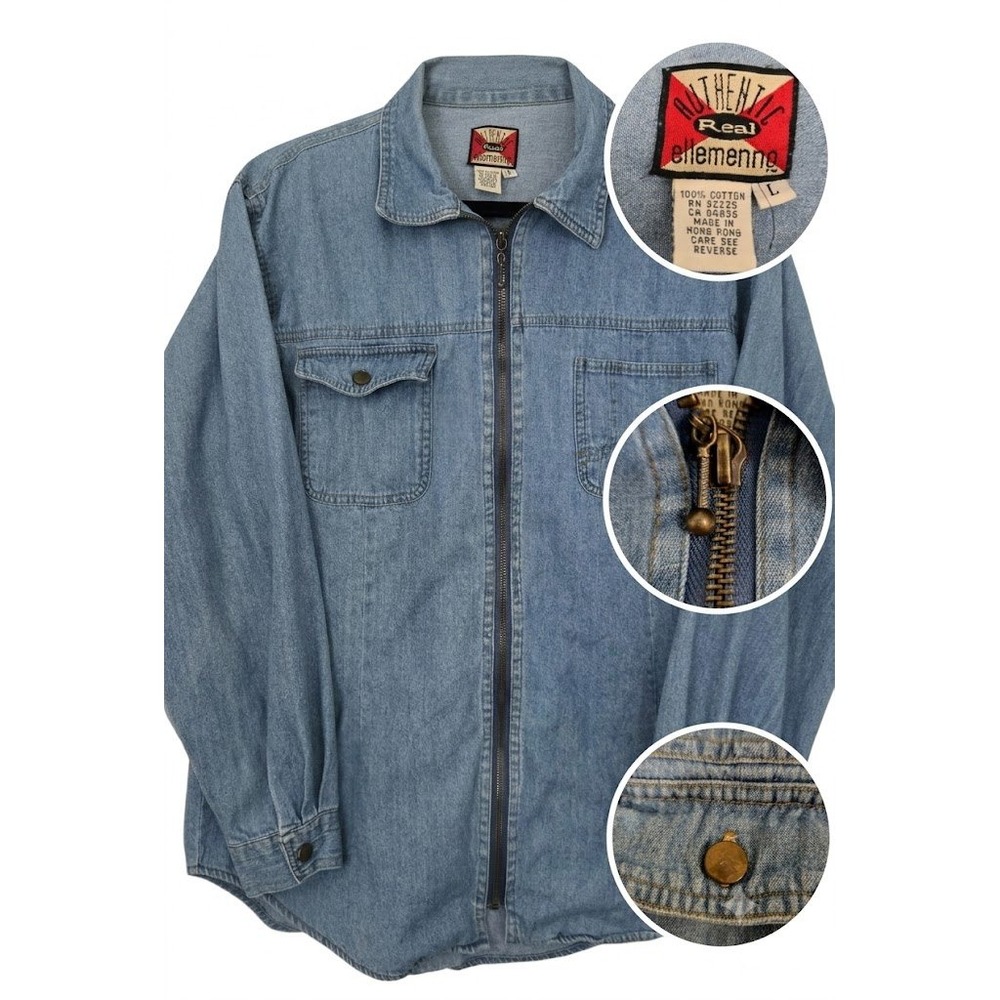 Vintage 90s Ellemenno Denim Zip Jacket Mens Large Blue Jean Workwear Shacket
